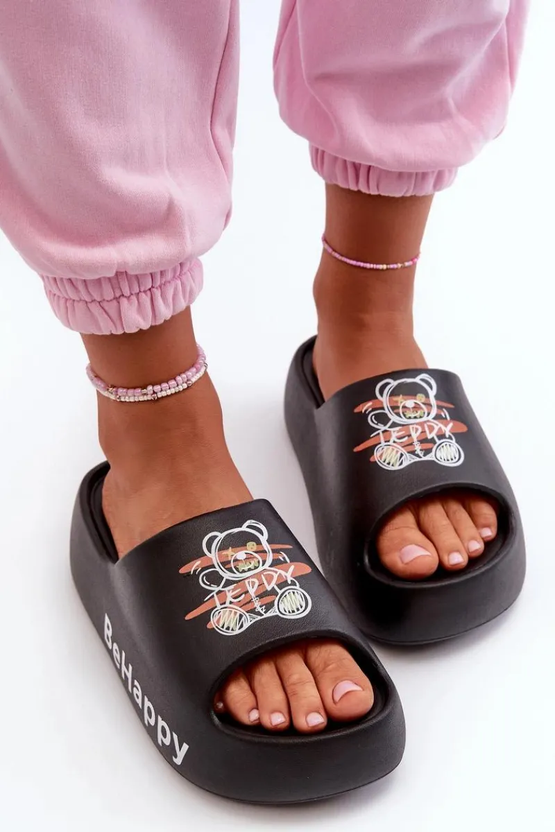 Sale Boto Lekkie Klapki Damskie Na Grubej Podeszwie Z Misiem Piankowe Czarne Serefina Czarny