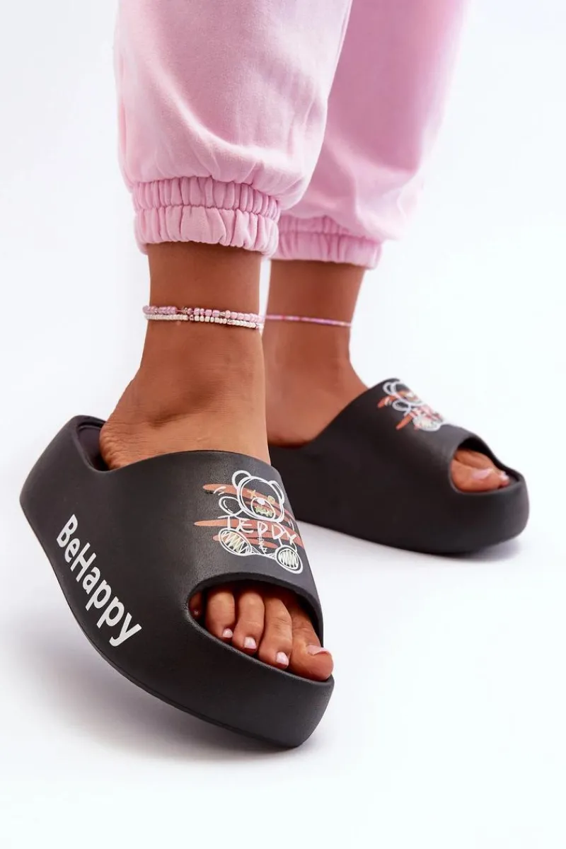 Sale Boto Lekkie Klapki Damskie Na Grubej Podeszwie Z Misiem Piankowe Czarne Serefina Czarny