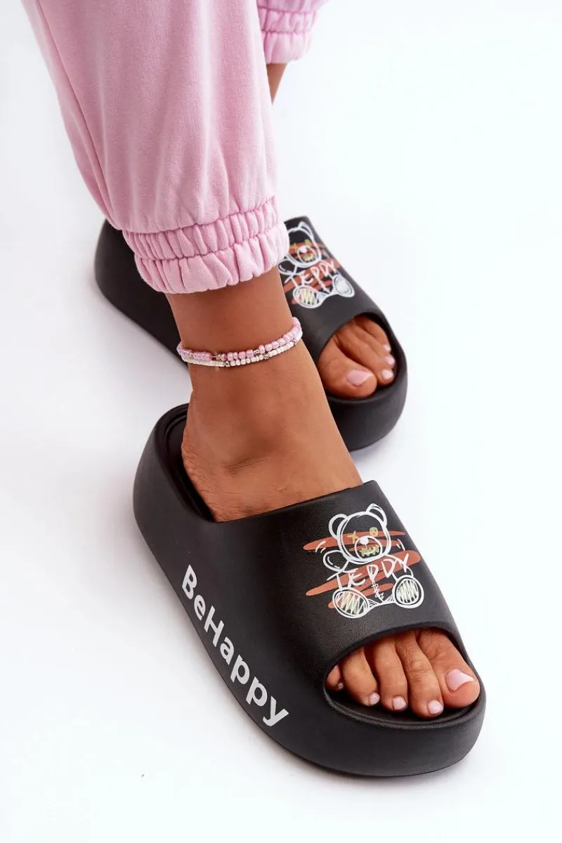 Sale Boto Lekkie Klapki Damskie Na Grubej Podeszwie Z Misiem Piankowe Czarne Serefina Czarny