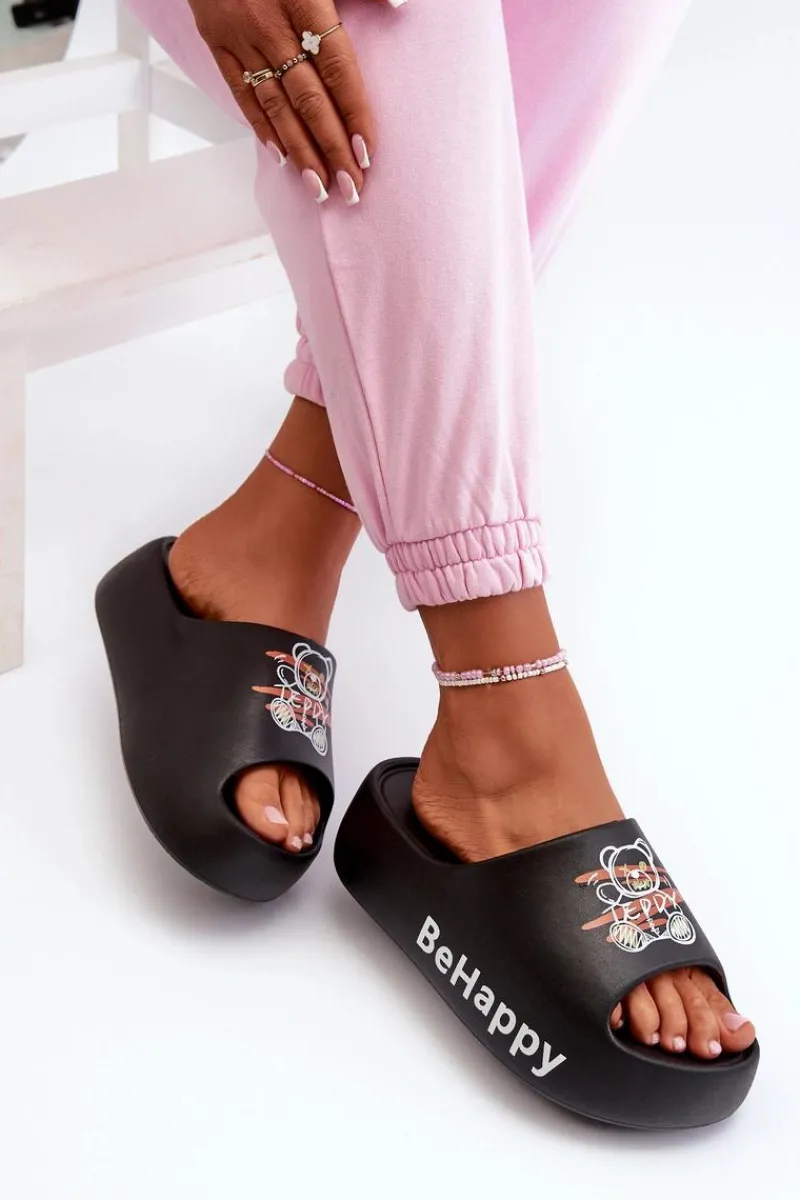 Sale Boto Lekkie Klapki Damskie Na Grubej Podeszwie Z Misiem Piankowe Czarne Serefina Czarny