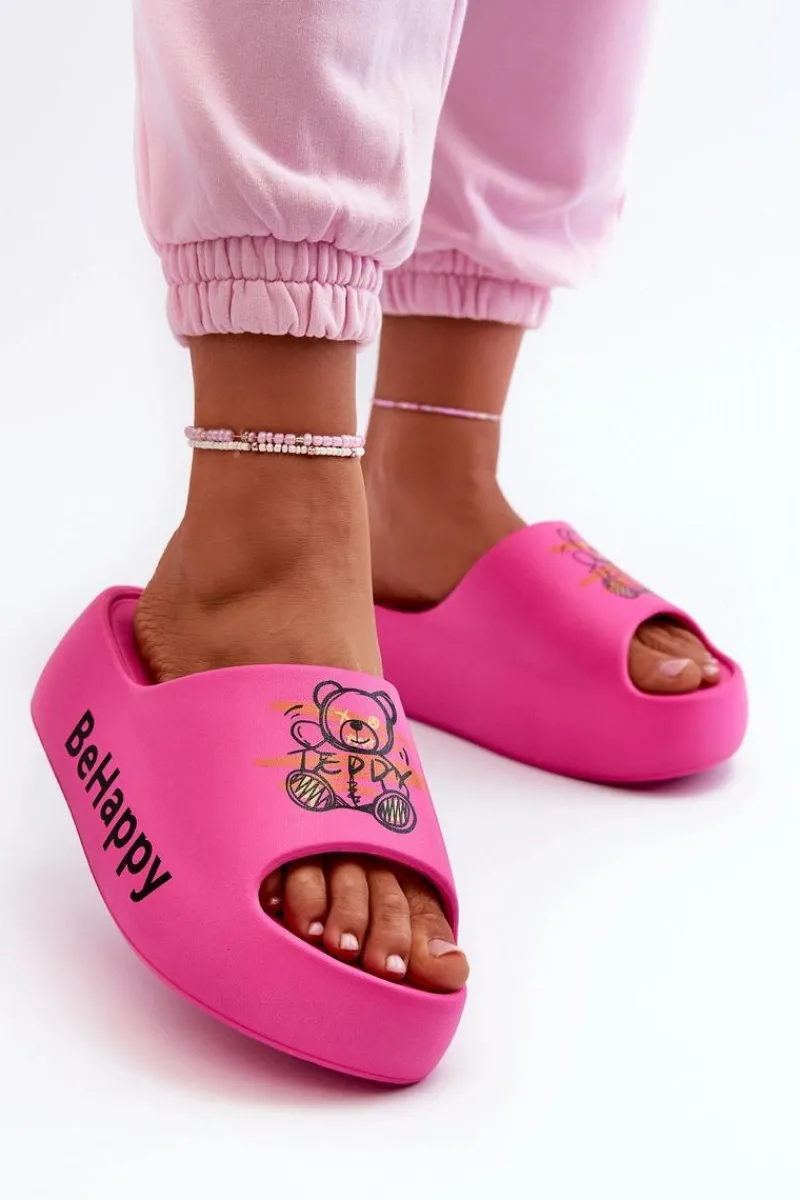 Klapki Basenowe|Klapki Na Platformie>Boto Lekkie Klapki Damskie Na Grubej Podeszwie Z Misiem Piankowe Fuksja Serefina Różowy
