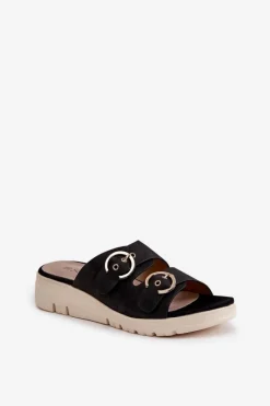 Discount Lekkie Klapki Damskie Na Koturnie Z Klamrami Czarne Hellexia Damskie Klapki Na Koturnie|Klapki Na Platformie