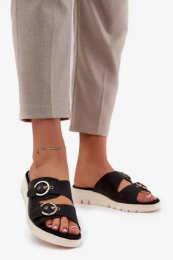 Discount Lekkie Klapki Damskie Na Koturnie Z Klamrami Czarne Hellexia Damskie Klapki Na Koturnie|Klapki Na Platformie