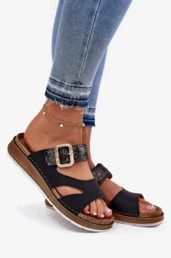 Klapki Na Platformie|Klapki Damskie Klasyczne></noscript>INBLU Lekkie Klapki Damskie Z Klamrą GS000055 Czarne