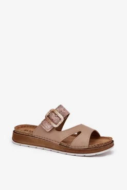 Best INBLU Lekkie Klapki Damskie Z Klamrą GS000055 Beżowe