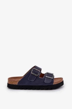 Outlet Big Star Shoes Lekkie Klapki Męskie Z Klamrami Eko Skóra Big Star NN174530 Granatowe Niebieski