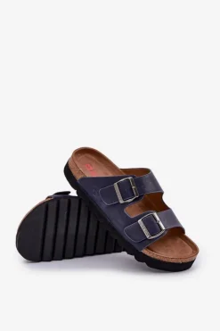 Outlet Big Star Shoes Lekkie Klapki Męskie Z Klamrami Eko Skóra Big Star NN174530 Granatowe Niebieski