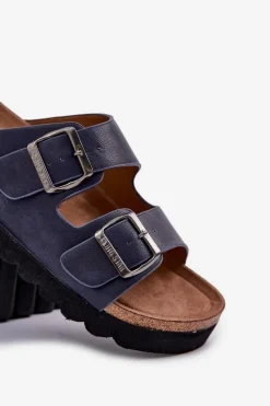 Outlet Big Star Shoes Lekkie Klapki Męskie Z Klamrami Eko Skóra Big Star NN174530 Granatowe Niebieski