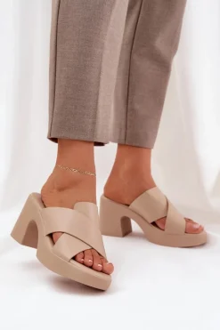 New Lekkie Klapki Na Słupku Z Eko Skóry Jasnobeżowe Kacaria Damskie Klapki Na Obcasie|Klapki Damskie Klasyczne