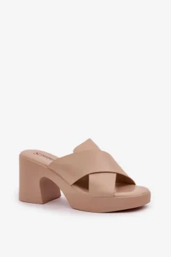 New Lekkie Klapki Na Słupku Z Eko Skóry Jasnobeżowe Kacaria Damskie Klapki Na Obcasie|Klapki Damskie Klasyczne