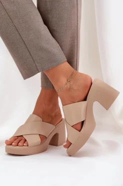 New Lekkie Klapki Na Słupku Z Eko Skóry Jasnobeżowe Kacaria Damskie Klapki Na Obcasie|Klapki Damskie Klasyczne