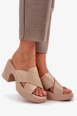 New Lekkie Klapki Na Słupku Z Eko Skóry Jasnobeżowe Kacaria Damskie Klapki Na Obcasie|Klapki Damskie Klasyczne