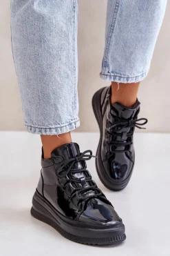 Outlet Lekkie Lakierowane Buty Sportowe Na Platformie Skóra Naturalna 55C1049 Czarne Damskie Buty Sportowe Na Platformie