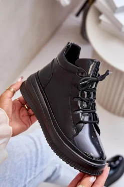 Outlet Lekkie Lakierowane Buty Sportowe Na Platformie Skóra Naturalna 55C1049 Czarne Damskie Buty Sportowe Na Platformie