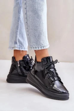 Outlet Lekkie Lakierowane Buty Sportowe Na Platformie Skóra Naturalna 55C1049 Czarne Damskie Buty Sportowe Na Platformie
