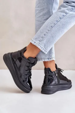 Outlet Lekkie Lakierowane Buty Sportowe Na Platformie Skóra Naturalna 55C1049 Czarne Damskie Buty Sportowe Na Platformie