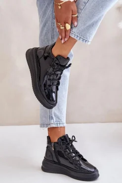 Outlet Lekkie Lakierowane Buty Sportowe Na Platformie Skóra Naturalna 55C1049 Czarne Damskie Buty Sportowe Na Platformie