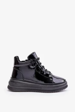 Outlet Lekkie Lakierowane Buty Sportowe Na Platformie Skóra Naturalna 55C1049 Czarne Damskie Buty Sportowe Na Platformie