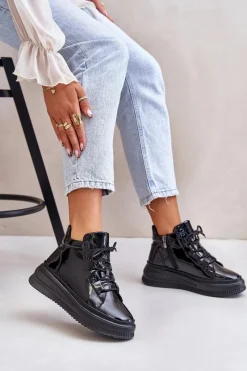 Outlet Lekkie Lakierowane Buty Sportowe Na Platformie Skóra Naturalna 55C1049 Czarne Damskie Buty Sportowe Na Platformie