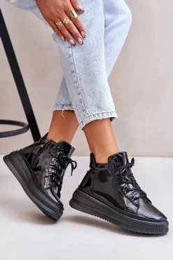 Outlet Lekkie Lakierowane Buty Sportowe Na Platformie Skóra Naturalna 55C1049 Czarne Damskie Buty Sportowe Na Platformie