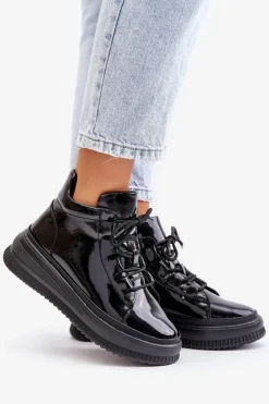 Outlet Lekkie Lakierowane Buty Sportowe Na Platformie Skóra Naturalna 55C1049 Czarne Damskie Buty Sportowe Na Platformie