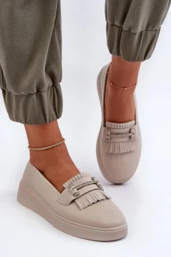 Sale Damskie buty S.Barski Lekkie Mokasyny Damskie Skórzane Na Platformie Beżowe S.Barski LR590 Beżowy