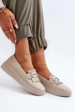 Sale Damskie buty S.Barski Lekkie Mokasyny Damskie Skórzane Na Platformie Beżowe S.Barski LR590 Beżowy