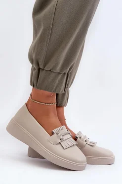 Sale Damskie buty S.Barski Lekkie Mokasyny Damskie Skórzane Na Platformie Beżowe S.Barski LR590 Beżowy
