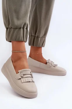 Sale Damskie buty S.Barski Lekkie Mokasyny Damskie Skórzane Na Platformie Beżowe S.Barski LR590 Beżowy