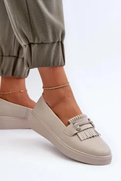 Sale Damskie buty S.Barski Lekkie Mokasyny Damskie Skórzane Na Platformie Beżowe S.Barski LR590 Beżowy