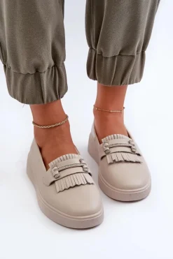 Sale Damskie buty S.Barski Lekkie Mokasyny Damskie Skórzane Na Platformie Beżowe S.Barski LR590 Beżowy