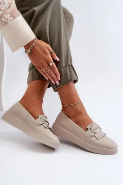 Sale Damskie buty S.Barski Lekkie Mokasyny Damskie Skórzane Na Platformie Beżowe S.Barski LR590 Beżowy