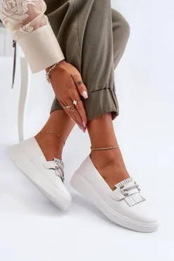 Discount Lekkie Mokasyny Damskie Skórzane Na Platformie Białe S.Barski LR590 Damskie Loafersy Damskie|Mokasyny Damskie Skórzane