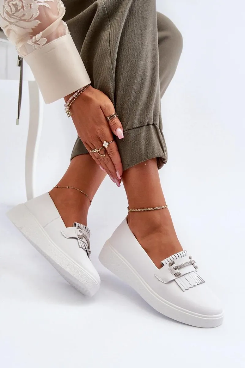 Discount Lekkie Mokasyny Damskie Skórzane Na Platformie Białe S.Barski LR590 Damskie Loafersy Damskie|Mokasyny Damskie Skórzane