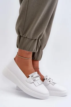 Discount Lekkie Mokasyny Damskie Skórzane Na Platformie Białe S.Barski LR590 Damskie Loafersy Damskie|Mokasyny Damskie Skórzane