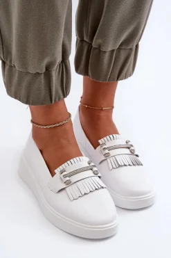 Discount Lekkie Mokasyny Damskie Skórzane Na Platformie Białe S.Barski LR590 Damskie Loafersy Damskie|Mokasyny Damskie Skórzane