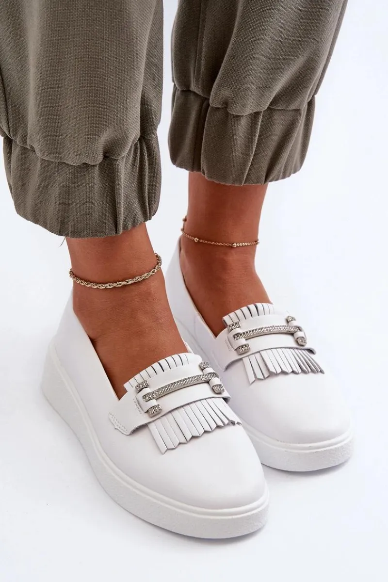 Discount Lekkie Mokasyny Damskie Skórzane Na Platformie Białe S.Barski LR590 Damskie Loafersy Damskie|Mokasyny Damskie Skórzane