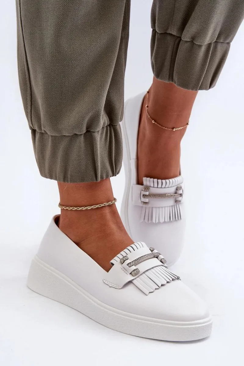 Discount Lekkie Mokasyny Damskie Skórzane Na Platformie Białe S.Barski LR590 Damskie Loafersy Damskie|Mokasyny Damskie Skórzane