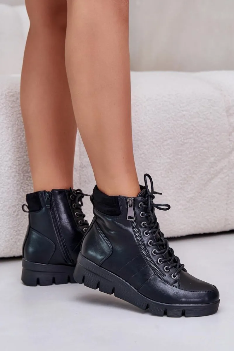 Hot Lekkie Ocieplane Botki Damskie Na Platformie I Koturnie Czarne Savindria Damskie Botki Ocieplane|Damskie Trapery