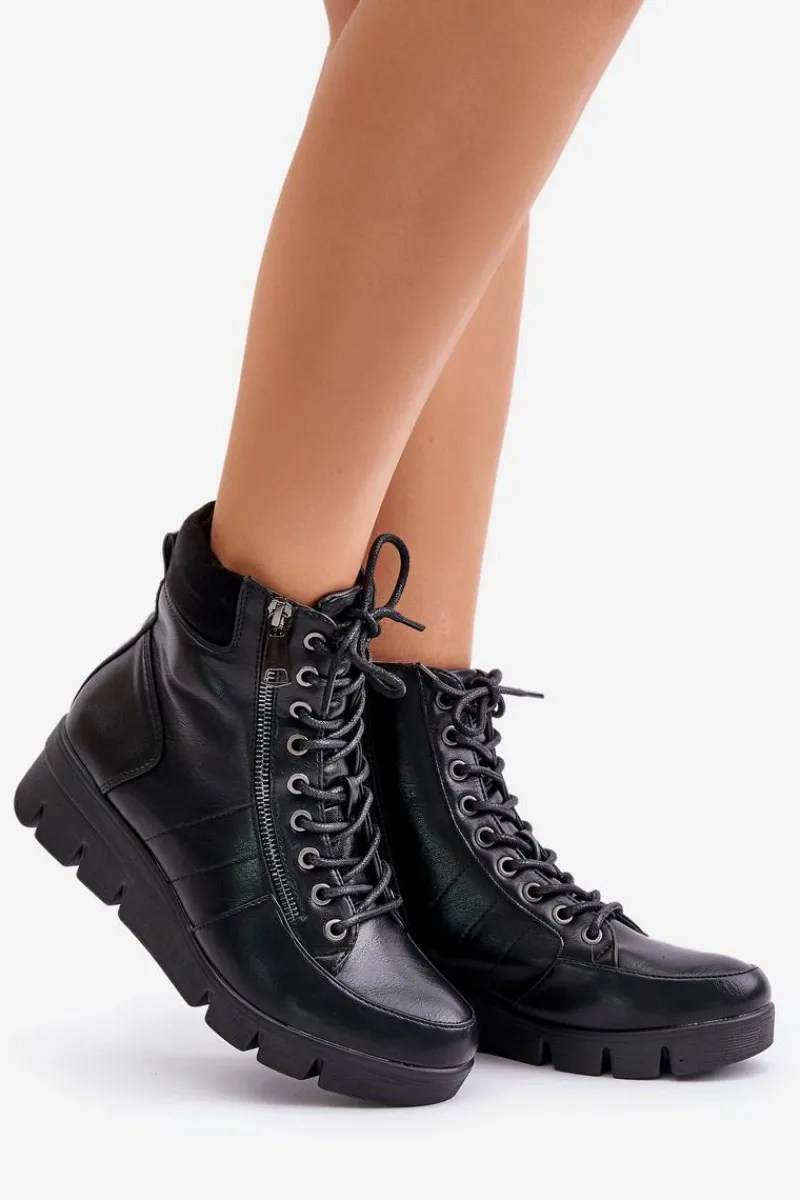 Hot Lekkie Ocieplane Botki Damskie Na Platformie I Koturnie Czarne Savindria Damskie Botki Ocieplane|Damskie Trapery