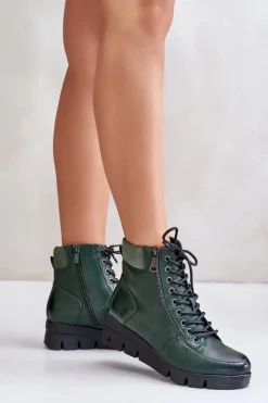 Boto Lekkie Ocieplane Botki Damskie Na Platformie I Koturnie Ciemnozielone Savindria