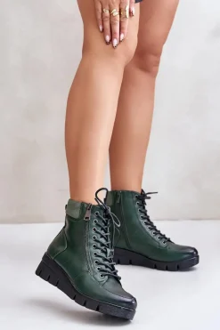 Boto Lekkie Ocieplane Botki Damskie Na Platformie I Koturnie Ciemnozielone Savindria