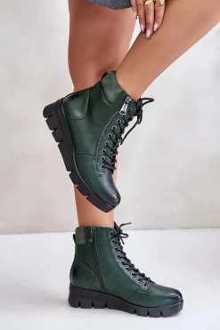 Boto Lekkie Ocieplane Botki Damskie Na Platformie I Koturnie Ciemnozielone Savindria