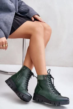 Boto Lekkie Ocieplane Botki Damskie Na Platformie I Koturnie Ciemnozielone Savindria