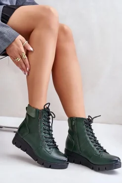 Boto Lekkie Ocieplane Botki Damskie Na Platformie I Koturnie Ciemnozielone Savindria