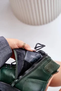 Boto Lekkie Ocieplane Botki Damskie Na Platformie I Koturnie Ciemnozielone Savindria