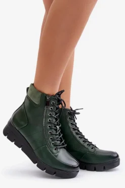 Boto Lekkie Ocieplane Botki Damskie Na Platformie I Koturnie Ciemnozielone Savindria
