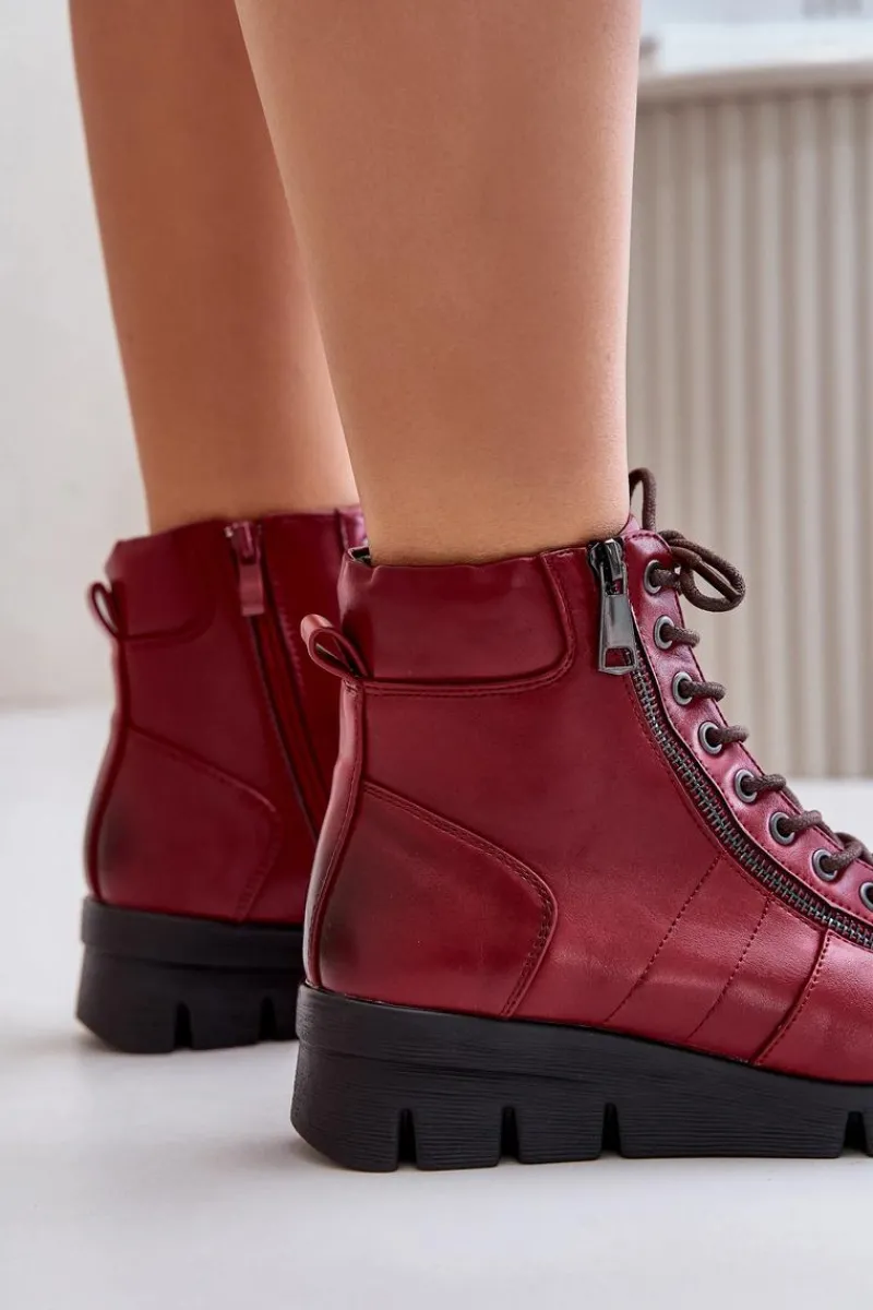 Hot Boto Lekkie Ocieplane Botki Damskie Na Platformie I Koturnie Bordowe Savindria Czerwony