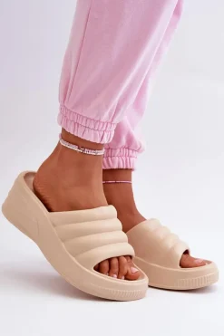 Boto Lekkie Piankowe Klapki Damskie Na Koturnie I Platformie Beżowe Tendrea