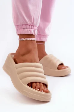 Boto Lekkie Piankowe Klapki Damskie Na Koturnie I Platformie Beżowe Tendrea